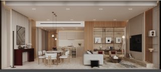 modern living room with beige sofa and dining area