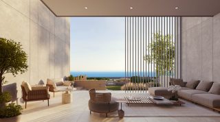 Terrasse extérieure luxueuse avec vue sur la mer et espace de détente