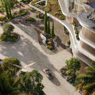 Vue aérienne de l'allée de dépose paysagée et du jardin de Sensia