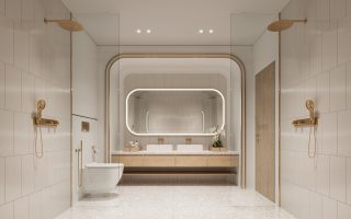 Salle de bain moderne avec double vasque et douches à effet pluie