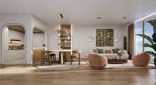 Salon moderne avec vues sur l'océan et la ville