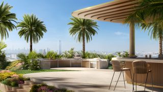 Espace barbecue extérieur avec plantes tropicales et horizon urbain