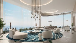 Salon luxueux de penthouse avec vue sur l'océan