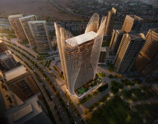 Vue aérienne du bâtiment Skyhall avec la ligne d'horizon de Dubaï