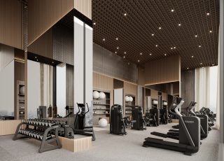 Intérieur de salle de sport moderne avec tapis roulants et vues sur la ville