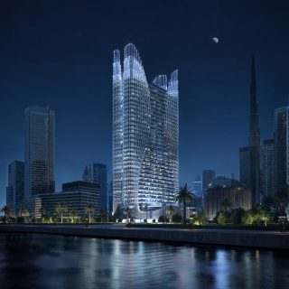Gratte-ciel moderne Skyhall de nuit avec ligne d'horizon de Dubaï