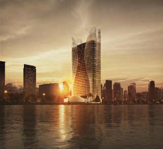 Gratte-ciel Skyhall avec ciel crépusculaire à Business Bay, Dubaï