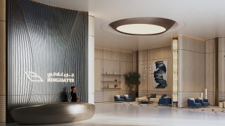 Hall de réception moderne avec comptoir incurvé et sièges