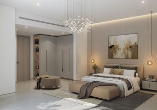 chambre principale luxueuse avec lit somptueux et décor moderne