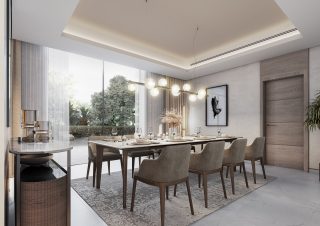 salle à manger lumineuse avec table en bois et vue sur la nature