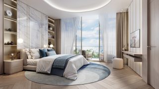 Intérieur de chambre moderne avec lit et vue sur le balcon