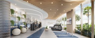 Salle de sport moderne avec appareils de cardio et verdure