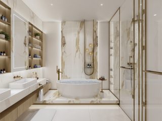 Salle de bains moderne et luxueuse avec baignoire autoportante et accents dorés