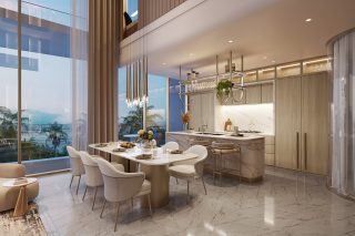 Salle à manger et cuisine modernes de penthouse avec grandes fenêtres