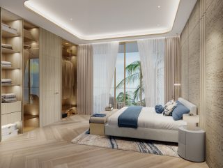 Chambre de penthouse de luxe avec lumière naturelle et balcon