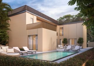 piscine de cour intérieure de villa luxueuse et sièges extérieurs
